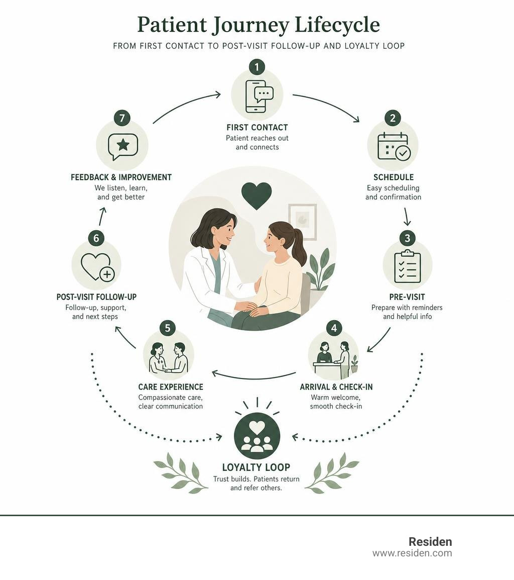 Patient journey lifecycle from first contact to post-visit follow-up and loyalty loop infographic Patient journey lifecycle from first contact to post-visit follow-up and loyalty loop infographic