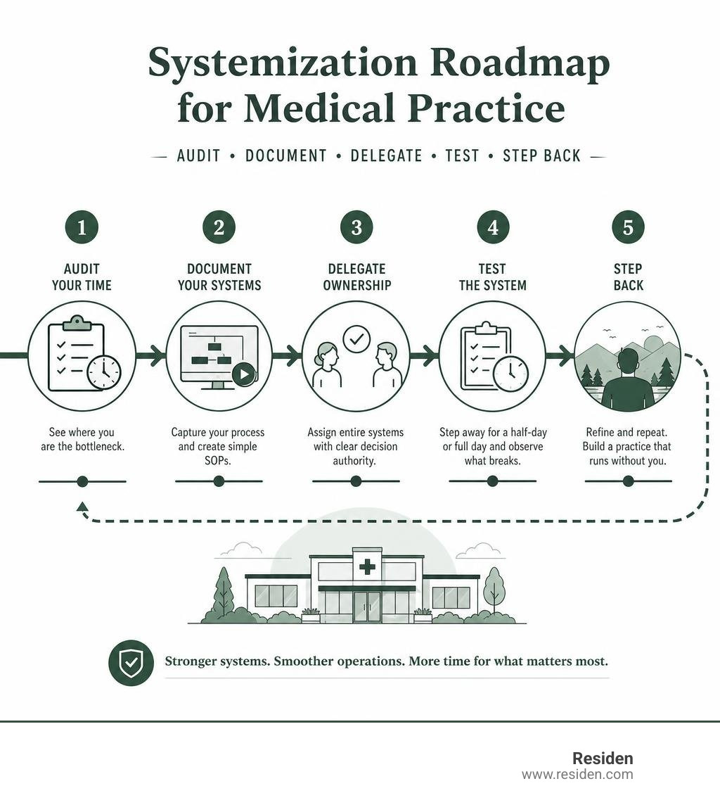 Systemization roadmap for medical practice: audit, document, delegate, test, and step back infographic Systemization roadmap for medical practice: audit, document, delegate, test, and step back infographic
