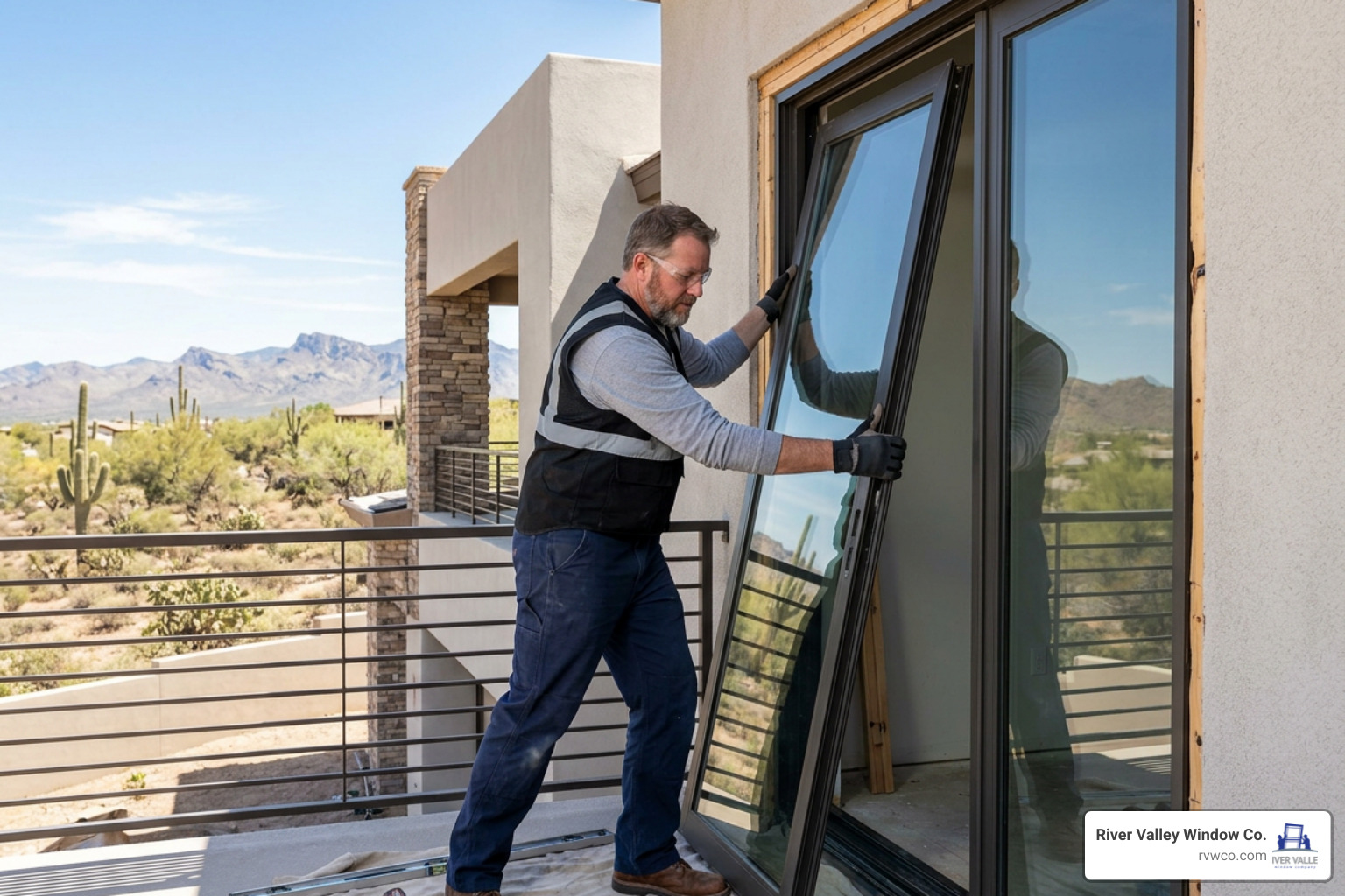 Professional sliding door installation on an Arizona home balcony Professional sliding door installation on an Arizona home balcony