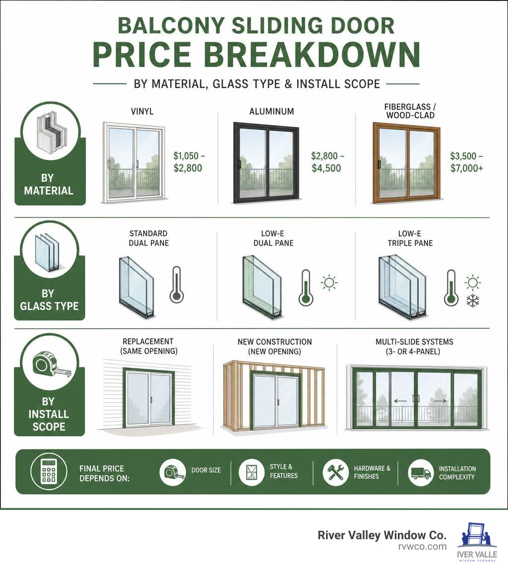 Balcony sliding door price breakdown infographic by material, glass type, and install scope infographic Balcony sliding door price breakdown infographic by material, glass type, and install scope infographic