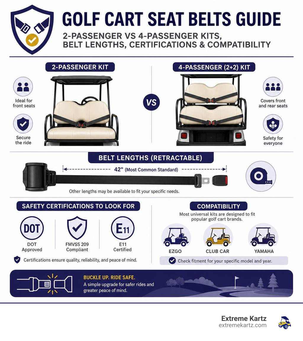 Golf cart seat belts guide: 2-passenger vs 4-passenger kits, belt lengths, certifications, and compatibility infographic