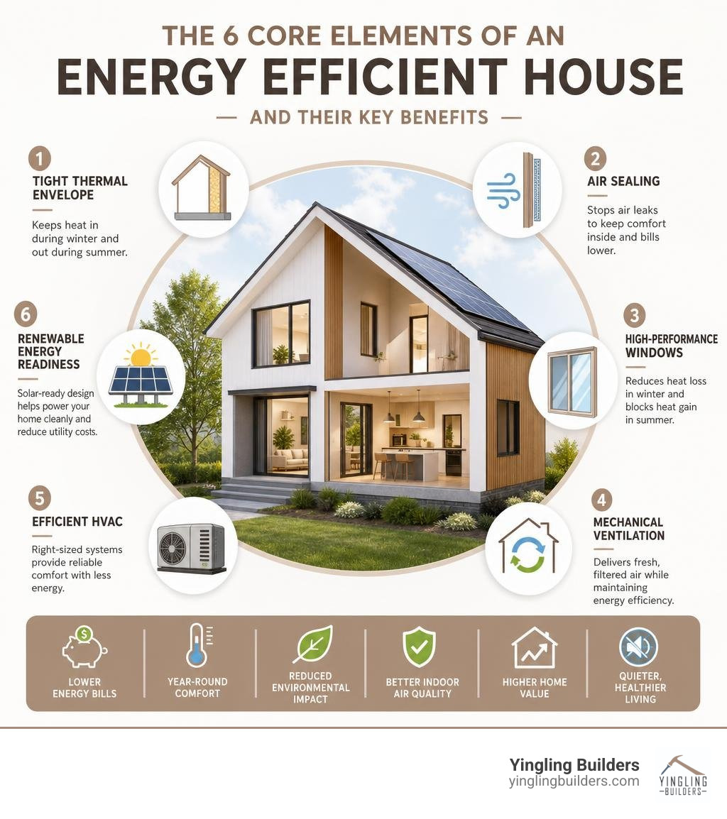 Infographic showing the 6 core elements of an energy efficient house and their key benefits infographic Infographic showing the 6 core elements of an energy efficient house and their key benefits infographic