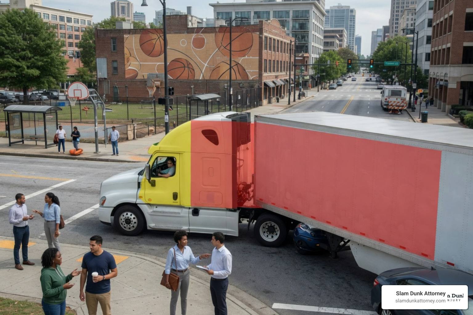 A semi-truck with a clear illustration of its "No-Zone" or blind spot areas highlighted, showing where smaller vehicles are invisible to the driver - semi truck accident lawyer atlanta A semi-truck with a clear illustration of its "No-Zone" or blind spot areas highlighted, showing where smaller vehicles are invisible to the driver - semi truck accident lawyer atlanta