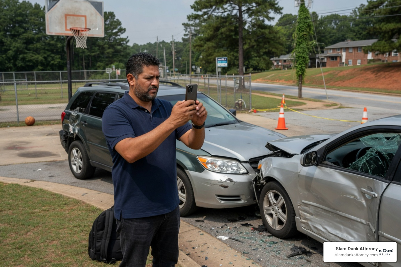 A person using their smartphone to take photos of vehicle damage and the accident scene after a collision, clearly showing details of the wreckage - semi truck accident lawyer atlanta A person using their smartphone to take photos of vehicle damage and the accident scene after a collision, clearly showing details of the wreckage - semi truck accident lawyer atlanta