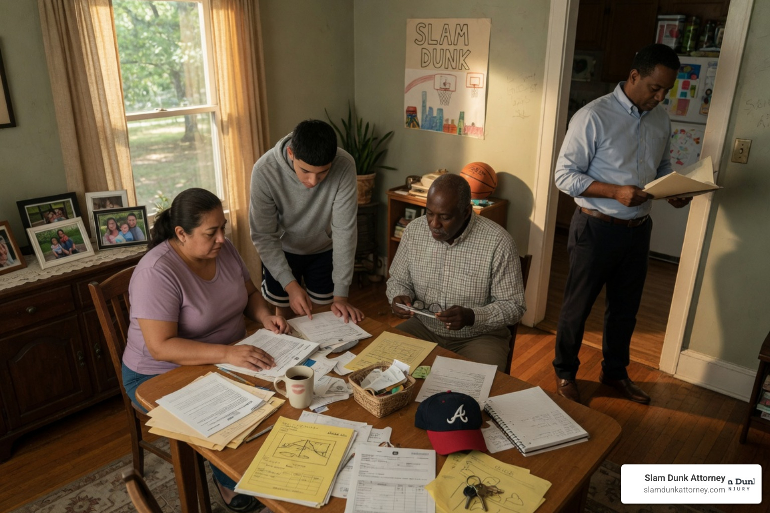 business-casual attorney explaining a contract to a Hispanic client in an Atlanta-based office