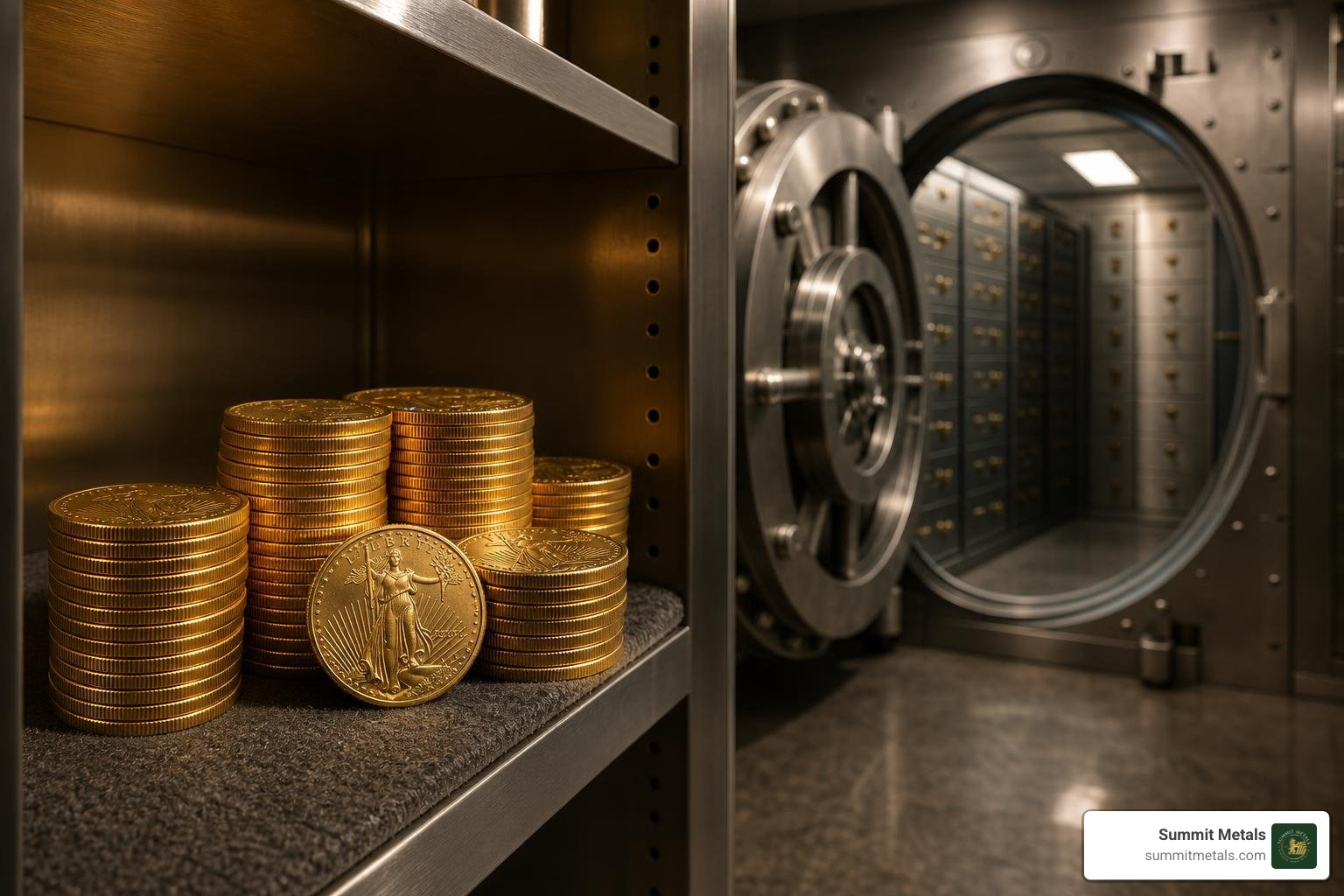 Gold coins securely stored in a private vault for retirement safety Gold coins securely stored in a private vault for retirement safety