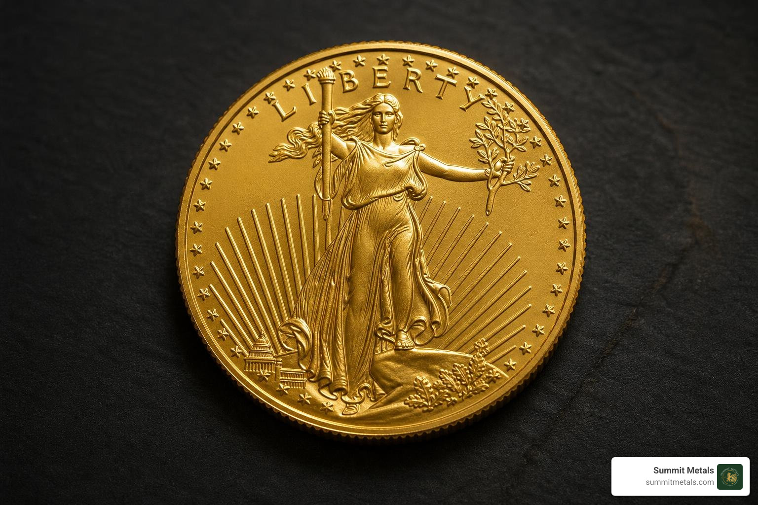 A brilliant uncirculated 1 oz American Gold Eagle coin showing the Saint-Gaudens Lady Liberty design A brilliant uncirculated 1 oz American Gold Eagle coin showing the Saint-Gaudens Lady Liberty design