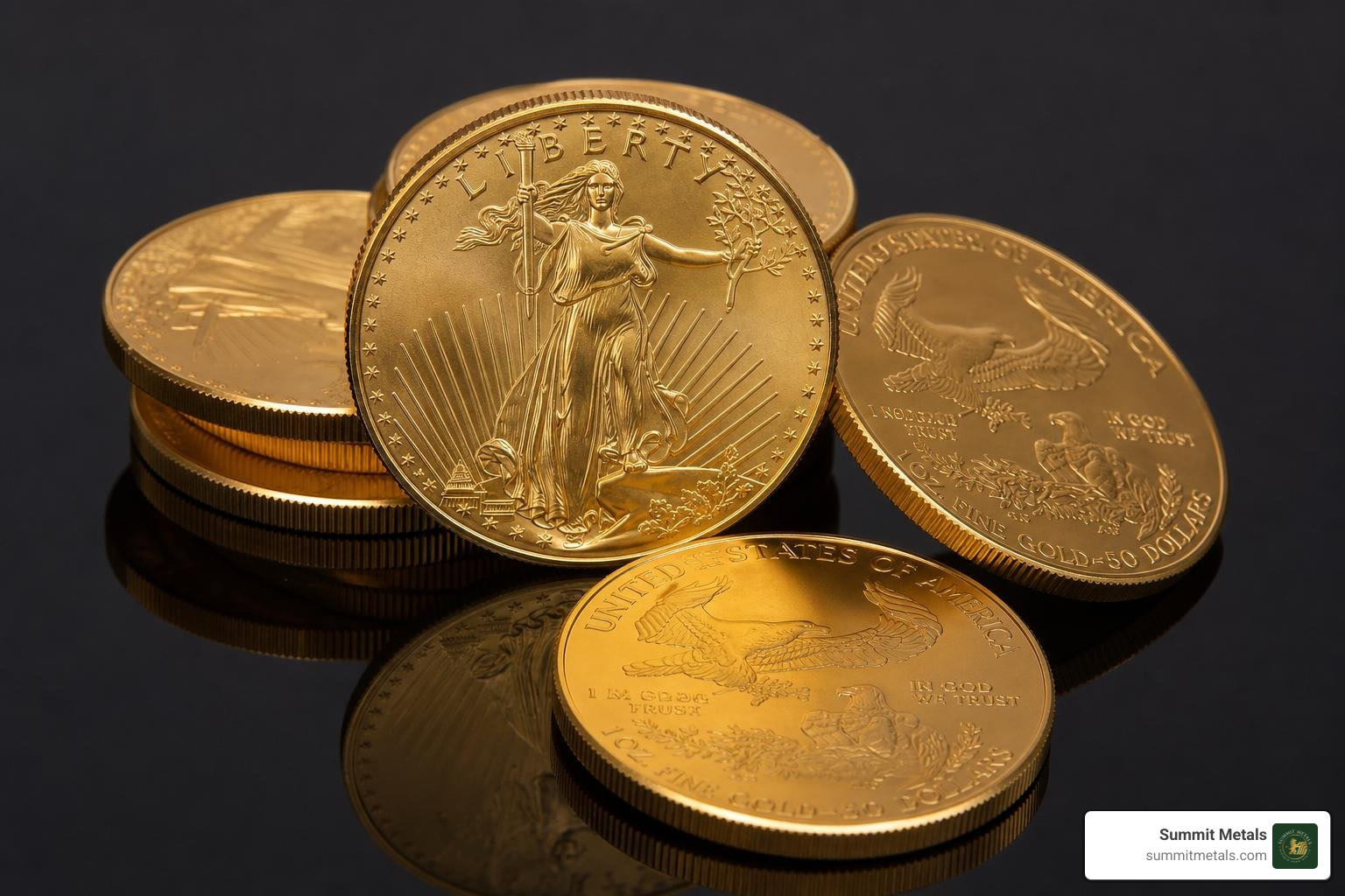 American Gold Eagle coins displayed on dark background American Gold Eagle coins displayed on dark background