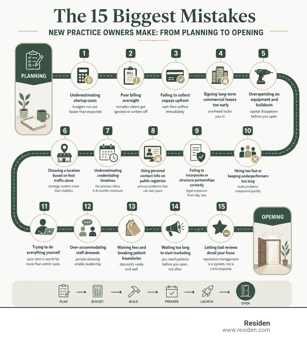 timeline infographic showing 15 biggest mistakes new practice owners make from planning to opening infographic timeline infographic showing 15 biggest mistakes new practice owners make from planning to opening infographic