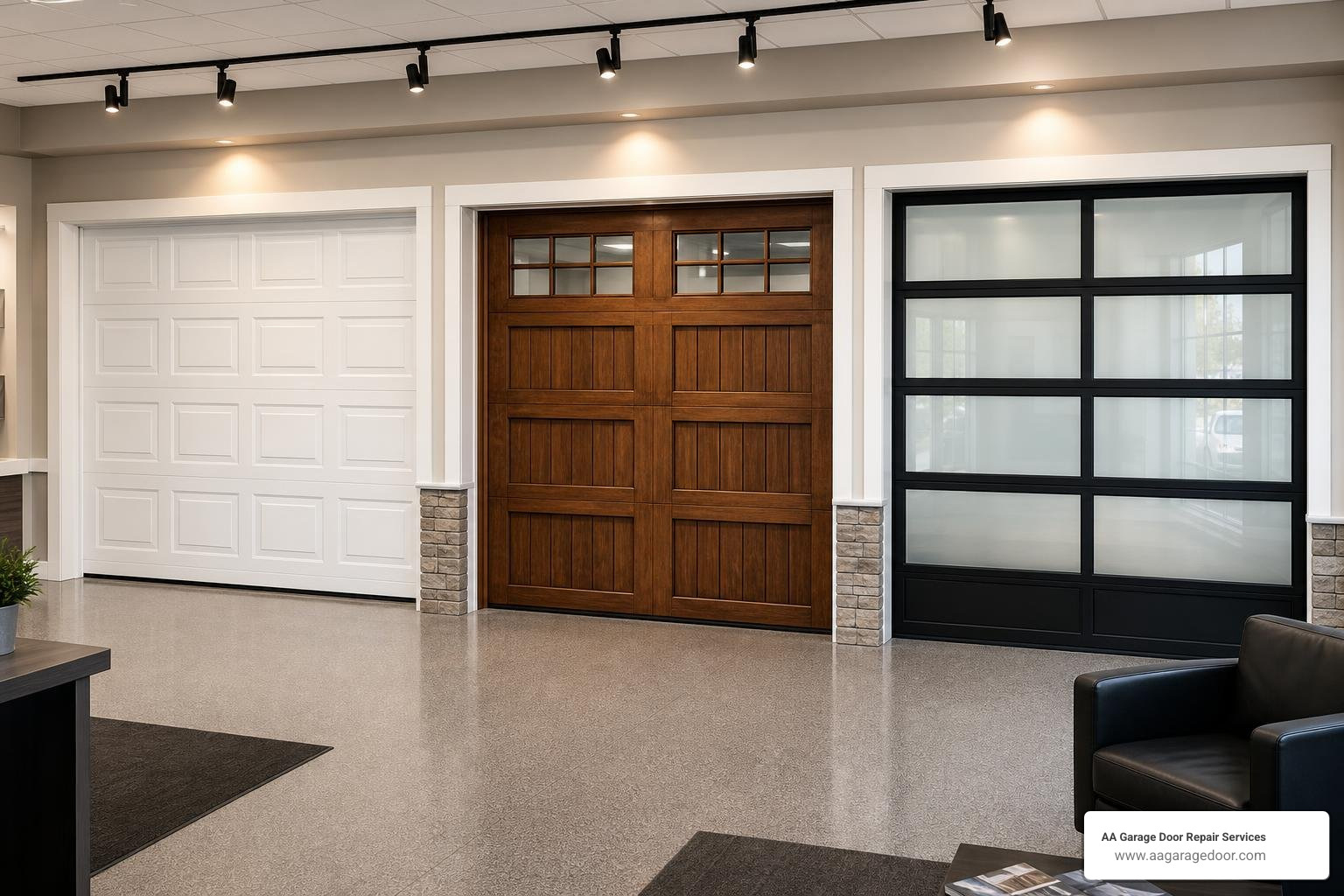 Showroom of single car garage doors in various materials like steel, wood, and glass Showroom of single car garage doors in various materials like steel, wood, and glass