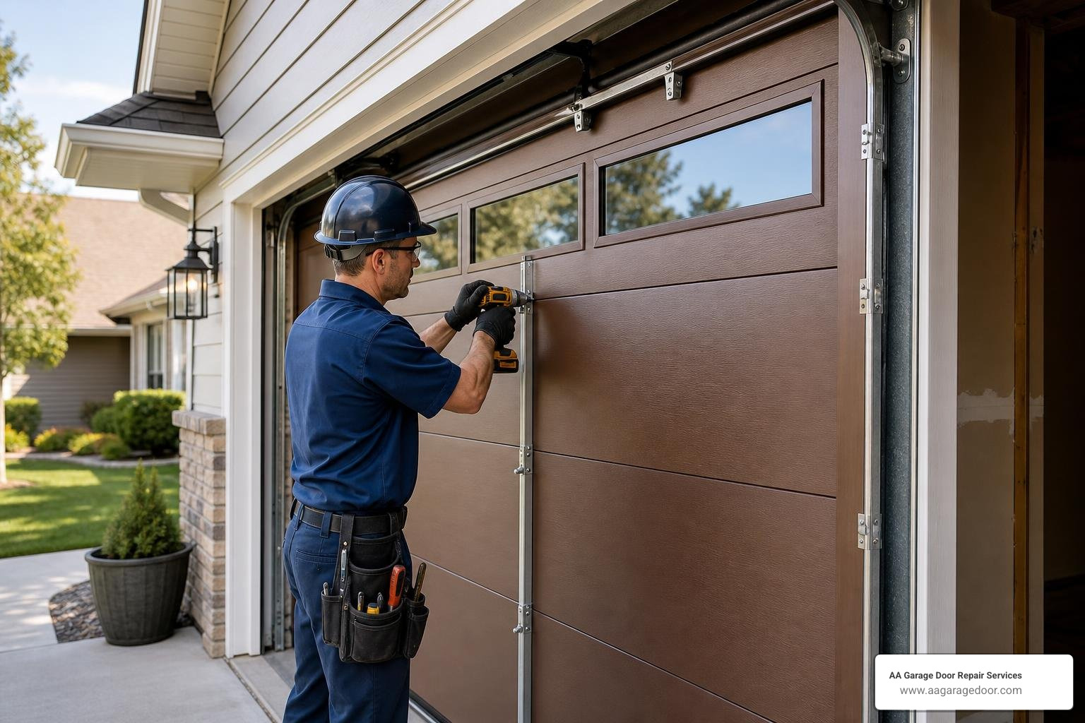 Professional technician safely installing a modern single car garage door Professional technician safely installing a modern single car garage door