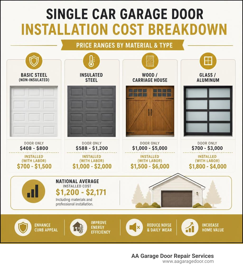 Single car garage door installation cost breakdown infographic with price ranges by material and type infographic Single car garage door installation cost breakdown infographic with price ranges by material and type infographic