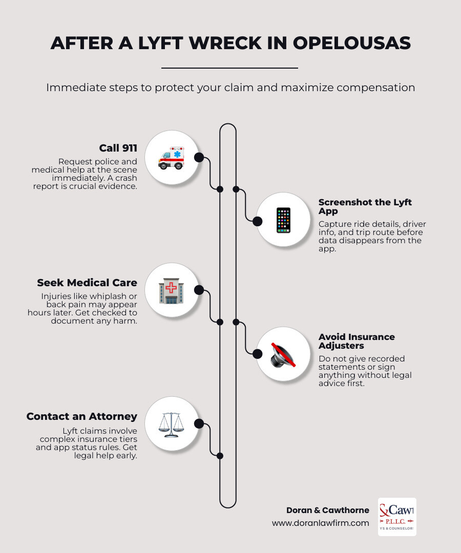 Immediate steps to take after a Lyft accident in Opelousas, Louisiana infographic Immediate steps to take after a Lyft accident in Opelousas, Louisiana infographic