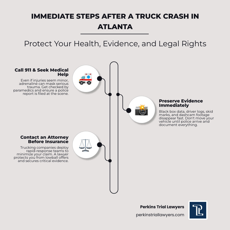 Step-by-step infographic of immediate actions to take at a truck crash scene in Atlanta infographic Step-by-step infographic of immediate actions to take at a truck crash scene in Atlanta infographic