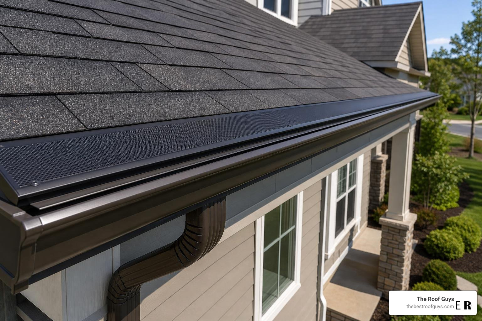Heavy-duty seamless gutters with leaf guards installed on a modern home Heavy-duty seamless gutters with leaf guards installed on a modern home
