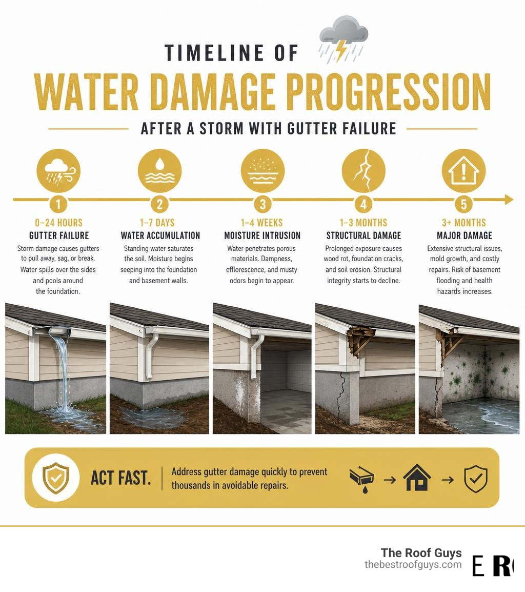 Timeline of water damage progression after a storm with gutter failure stages infographic Timeline of water damage progression after a storm with gutter failure stages infographic