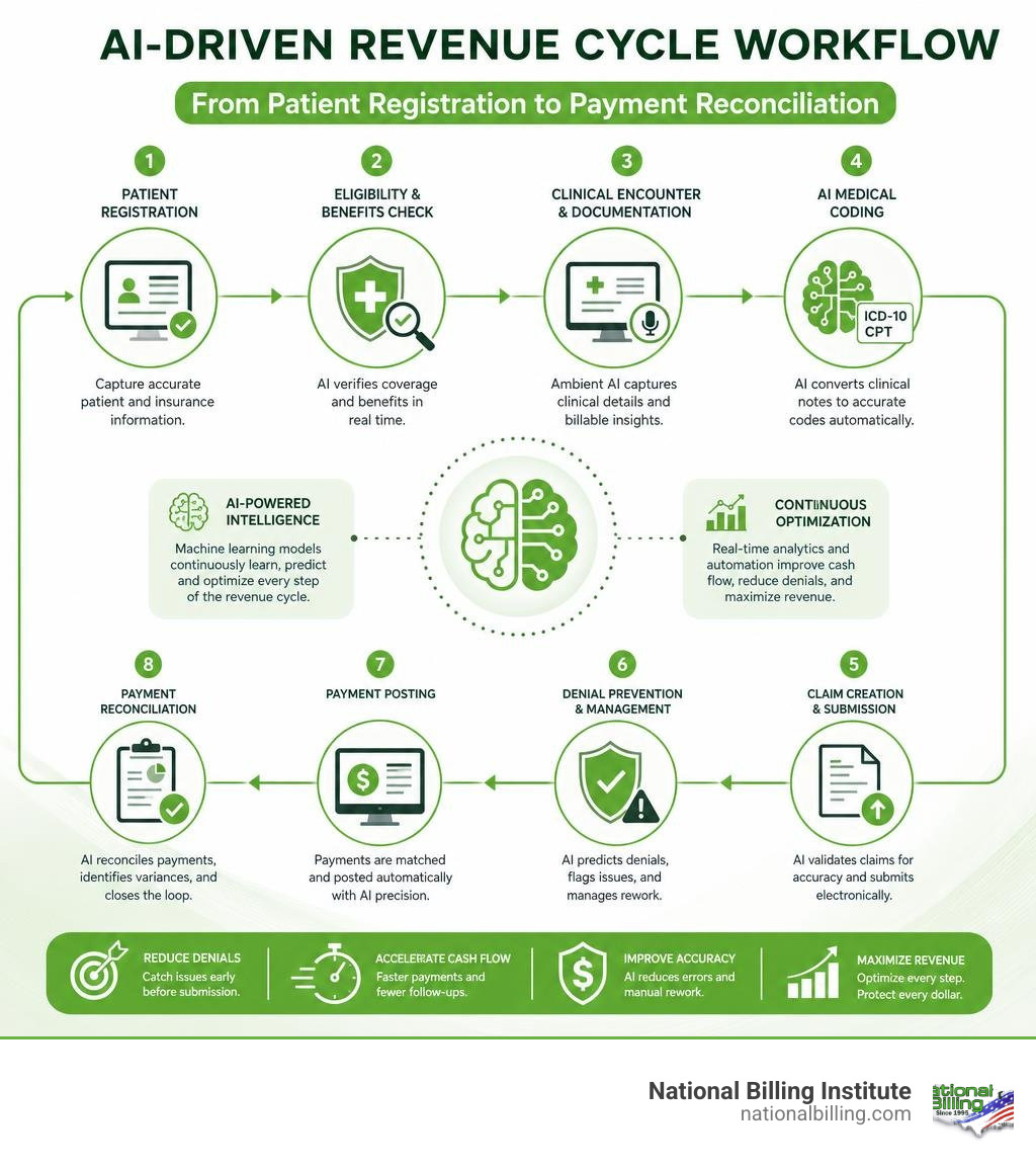 AI-driven revenue cycle workflow from patient registration to payment reconciliation infographic infographic AI-driven revenue cycle workflow from patient registration to payment reconciliation infographic infographic