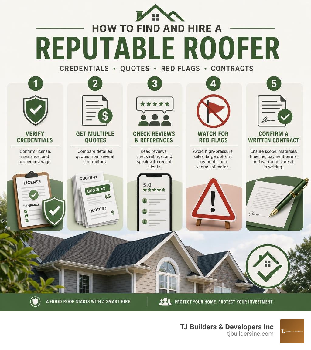 How to find and hire a reputable roofer: credentials, quotes, red flags, contracts infographic How to find and hire a reputable roofer: credentials, quotes, red flags, contracts infographic