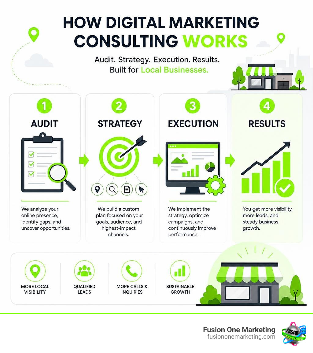 How digital marketing consulting works: audit, strategy, execution, and results for local businesses infographic How digital marketing consulting works: audit, strategy, execution, and results for local businesses infographic