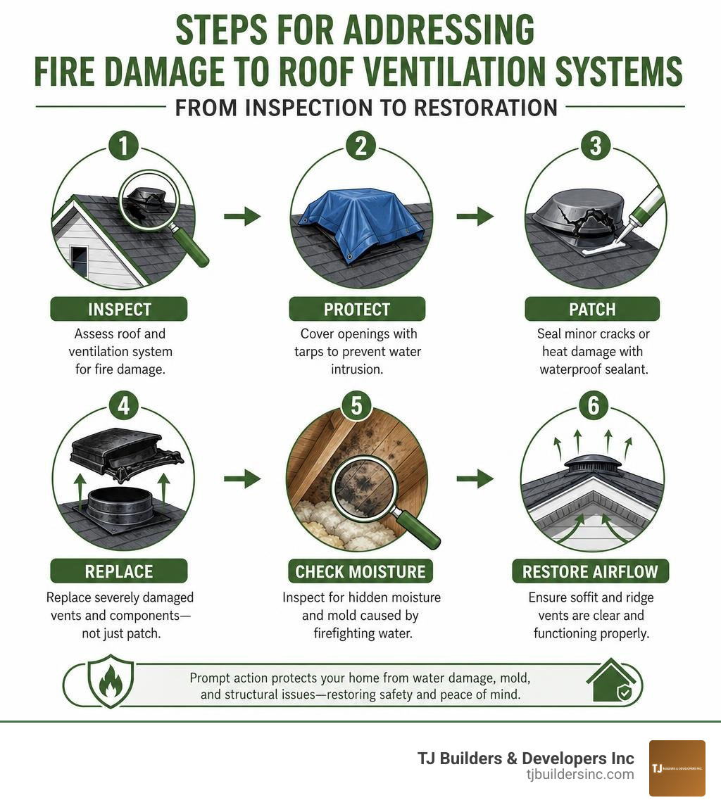 Steps for addressing fire damage to roof ventilation systems from inspection to restoration infographic Steps for addressing fire damage to roof ventilation systems from inspection to restoration infographic