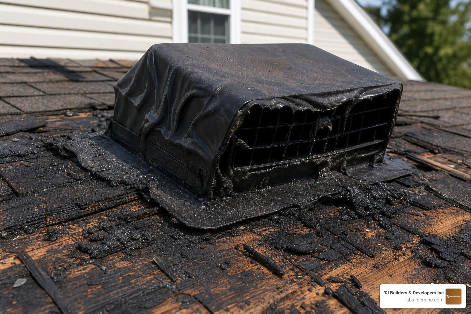 Melted attic box vent and charred roof deck sheathing Melted attic box vent and charred roof deck sheathing