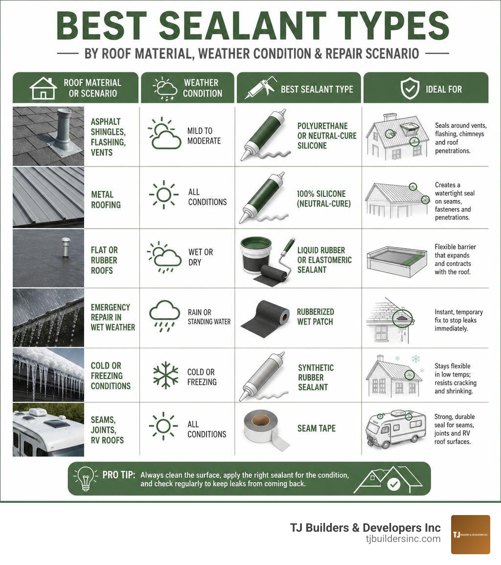 infographic showing best sealant types by roof material, weather condition, and repair scenario infographic infographic showing best sealant types by roof material, weather condition, and repair scenario infographic