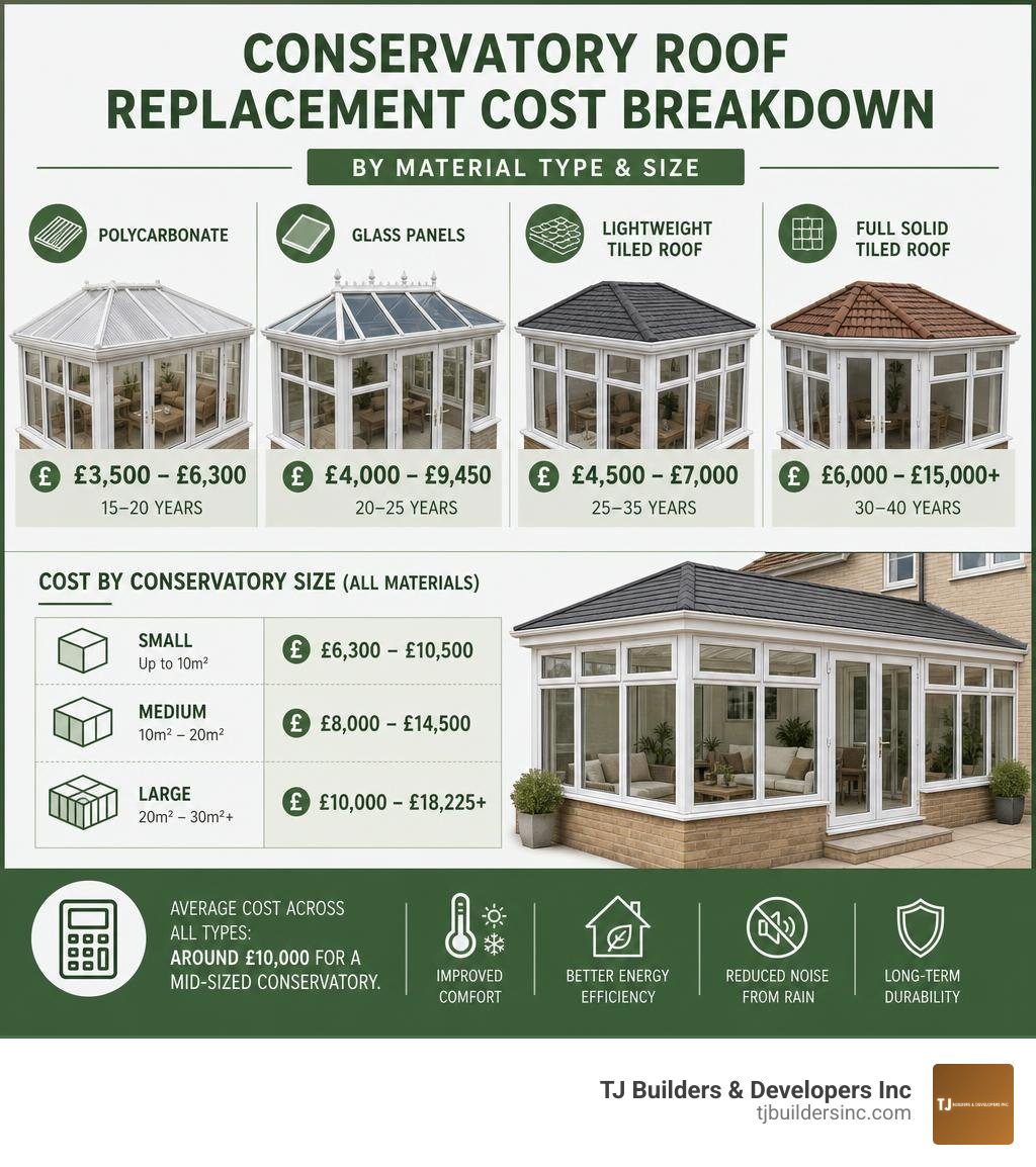 Conservatory roof replacement cost breakdown by material type and size infographic Conservatory roof replacement cost breakdown by material type and size infographic