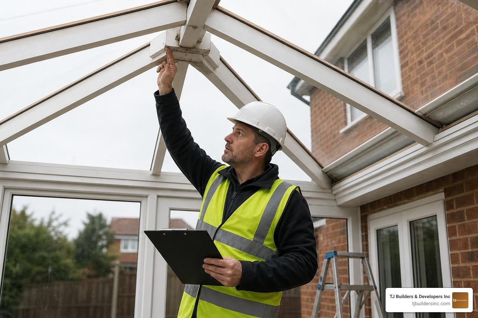 Professional contractor inspecting conservatory roof frame structural load Professional contractor inspecting conservatory roof frame structural load