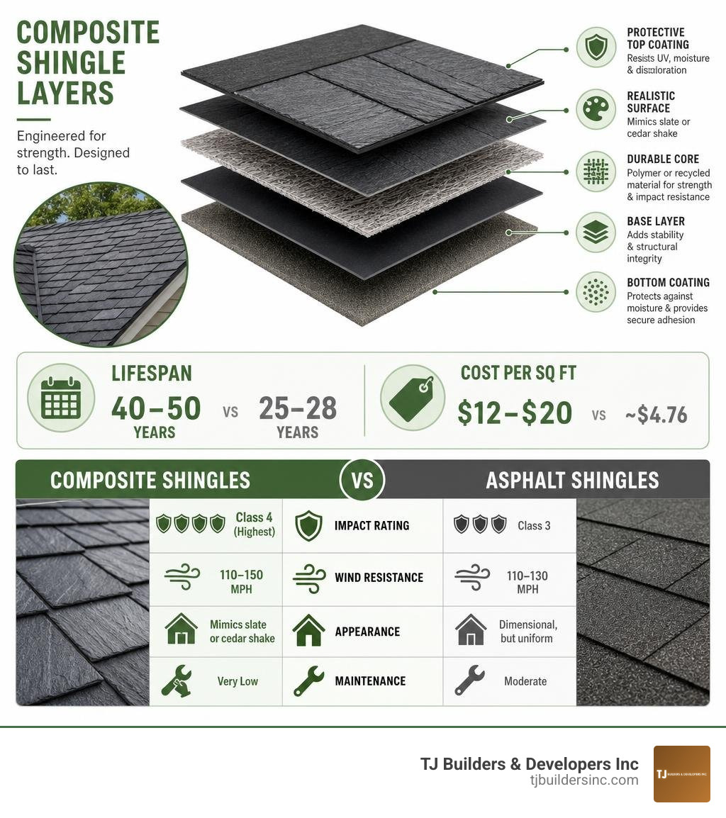 Infographic showing composite shingle layers, lifespan, cost, and performance ratings vs asphalt infographic Infographic showing composite shingle layers, lifespan, cost, and performance ratings vs asphalt infographic