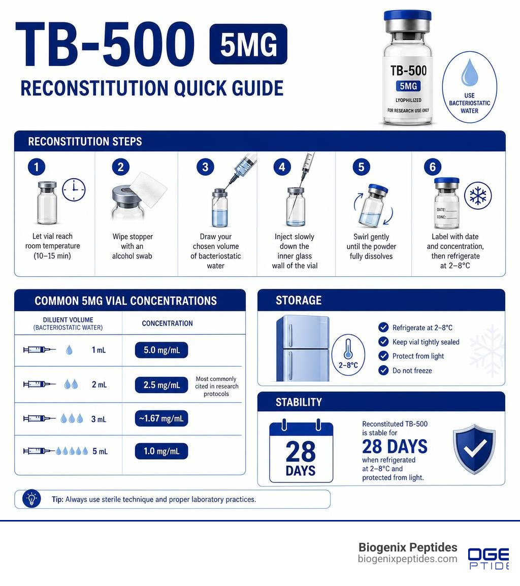 TB-500 5mg reconstitution steps: diluent volumes, concentrations, storage, and stability infographic infographic TB-500 5mg reconstitution steps: diluent volumes, concentrations, storage, and stability infographic infographic