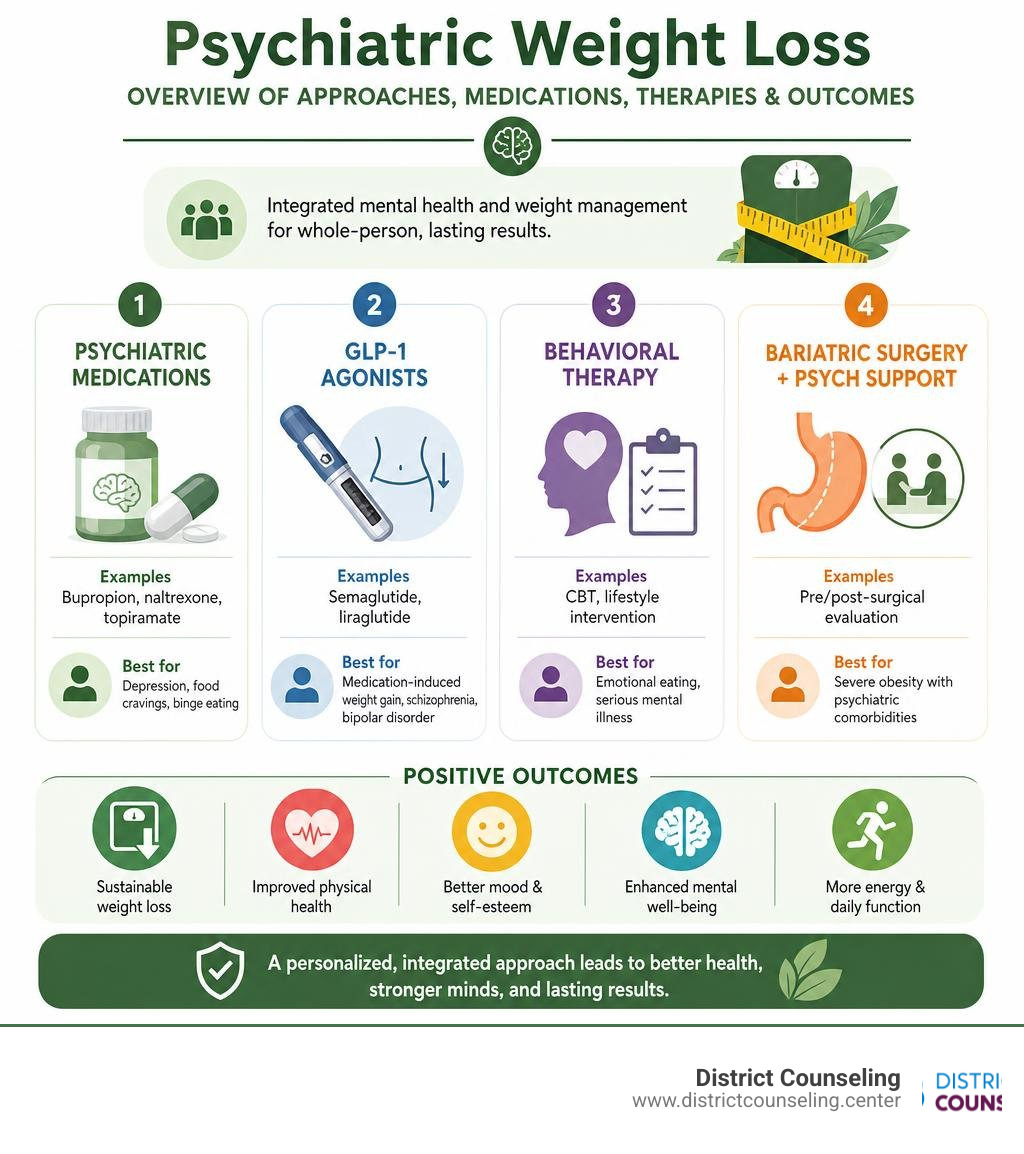 Overview of psychiatric weight loss approaches, medications, therapies, and outcomes infographic