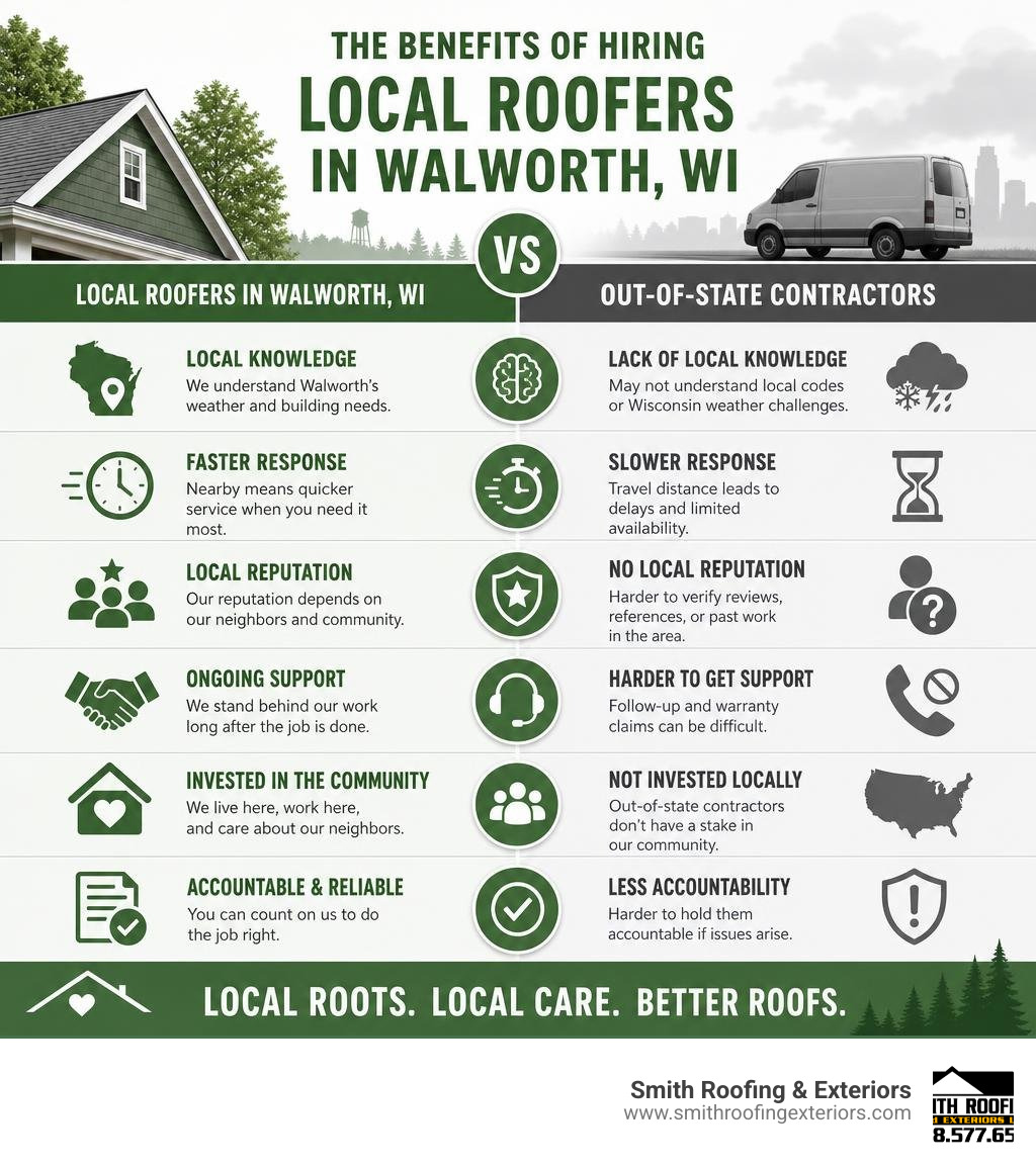 Benefits of hiring local roofers in Walworth WI vs out-of-state contractors infographic Benefits of hiring local roofers in Walworth WI vs out-of-state contractors infographic