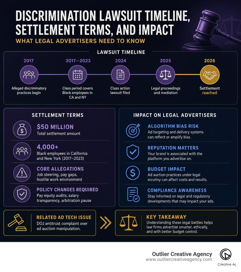 Infographic: Google discrimination lawsuit timeline, settlement terms, and impact on legal advertisers infographic