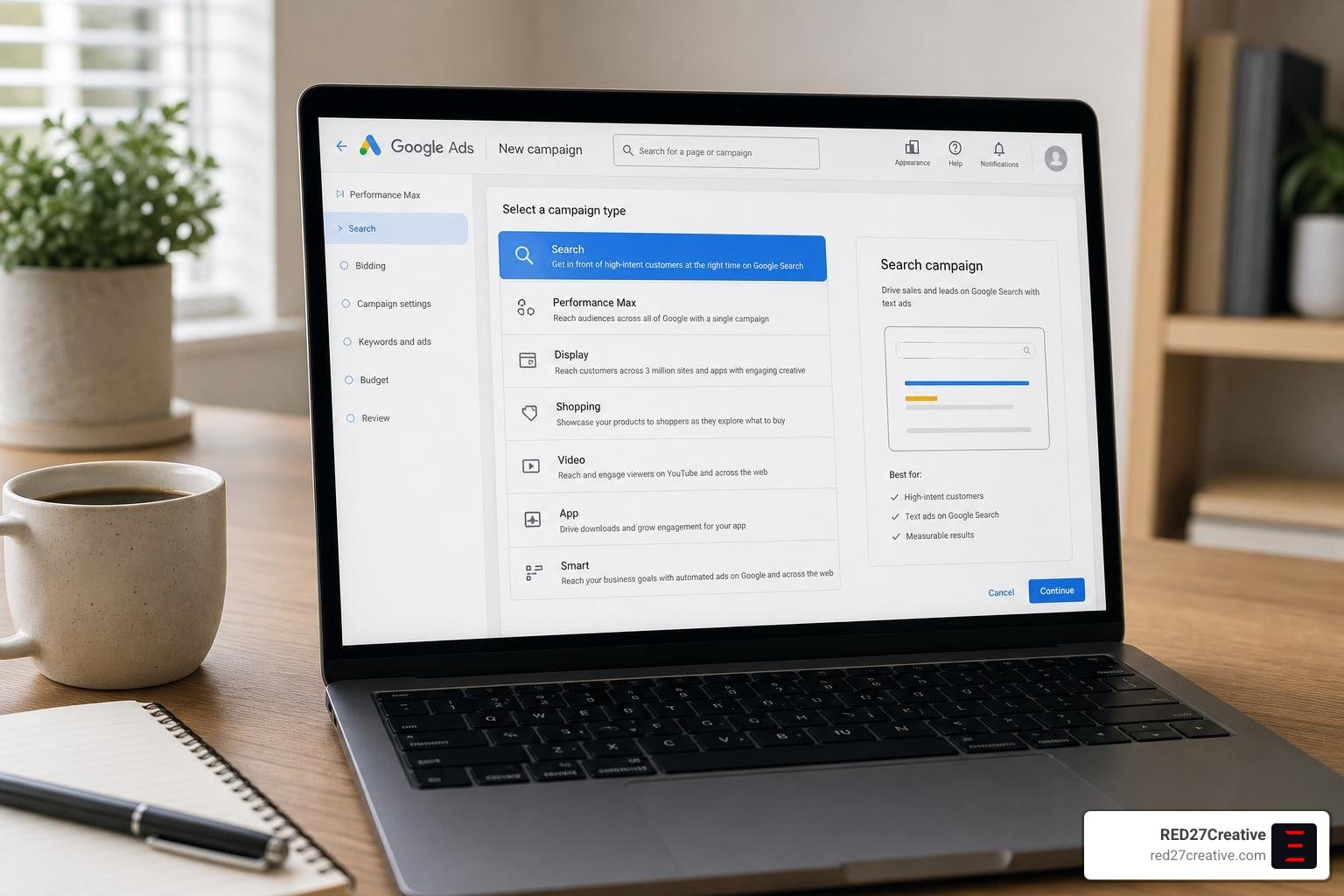 Google Ads dashboard campaign selection screen highlighting Search campaigns as the optimal choice for small business budgets Google Ads dashboard campaign selection screen highlighting Search campaigns as the optimal choice for small business budgets
