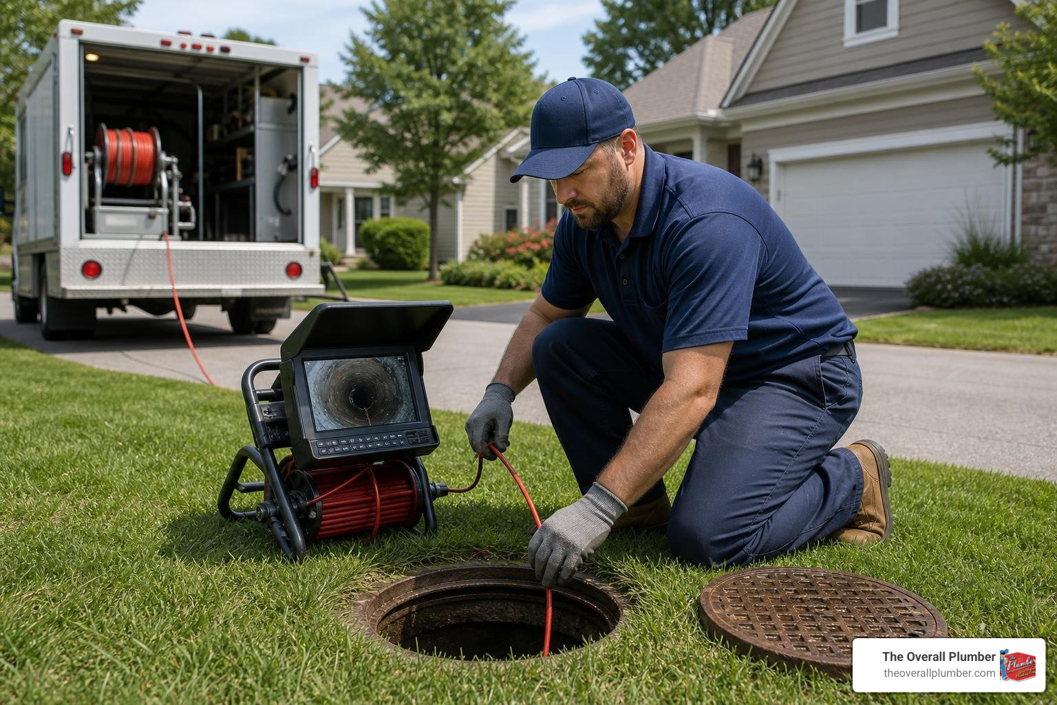 Professional plumber inspecting a residential sewer line Professional plumber inspecting a residential sewer line