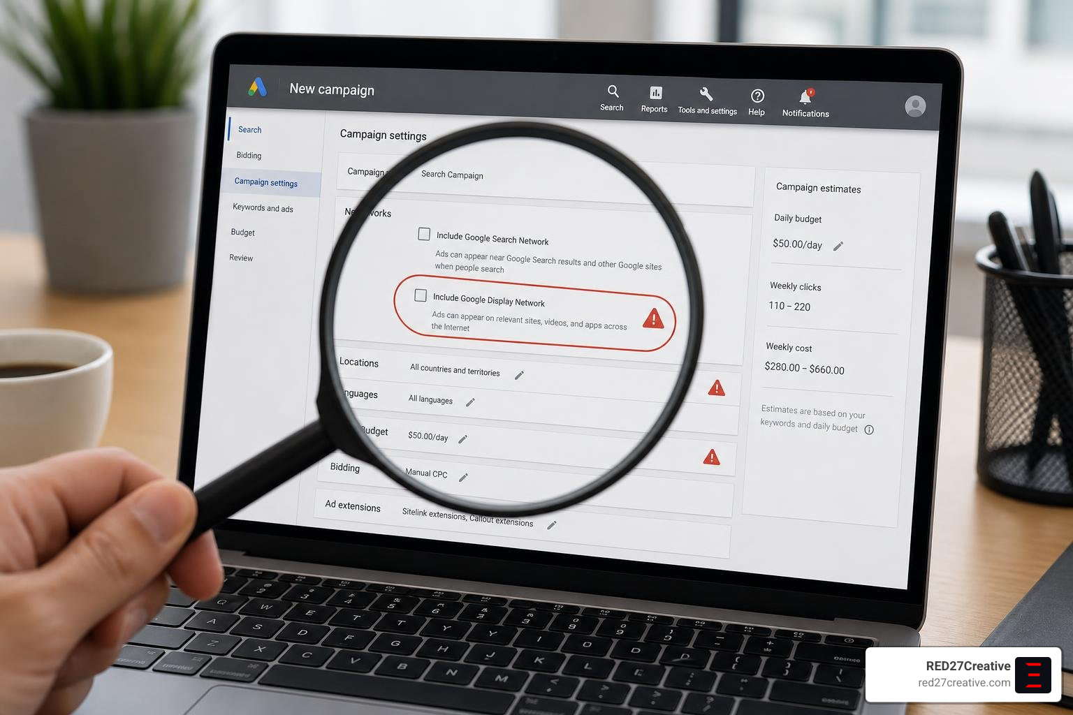 A magnifying glass hovering over the critical campaign settings in Google Ads that must be disabled to prevent wasted ad A magnifying glass hovering over the critical campaign settings in Google Ads that must be disabled to prevent wasted ad