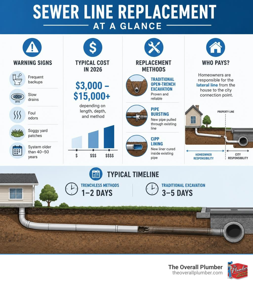 Infographic showing sewer line warning signs, cost ranges, replacement methods, and homeowner vs city responsibility Infographic showing sewer line warning signs, cost ranges, replacement methods, and homeowner vs city responsibility