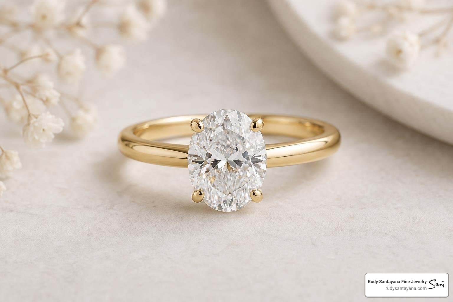 A stunning 4-carat lab-grown oval diamond ring set in recycled yellow gold