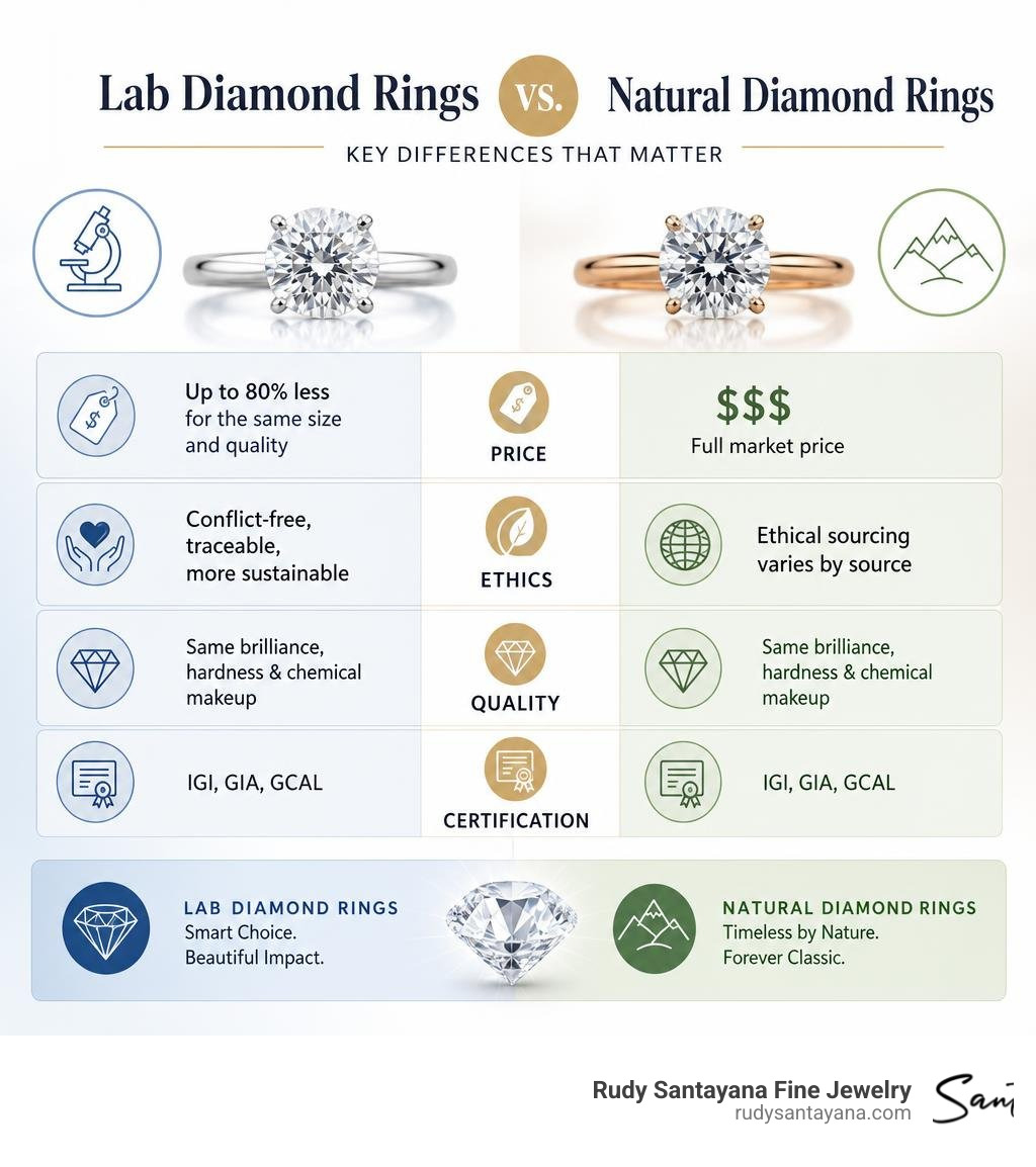 Infographic comparing lab diamond rings vs natural diamond rings on price, ethics, quality, and certification infographic
