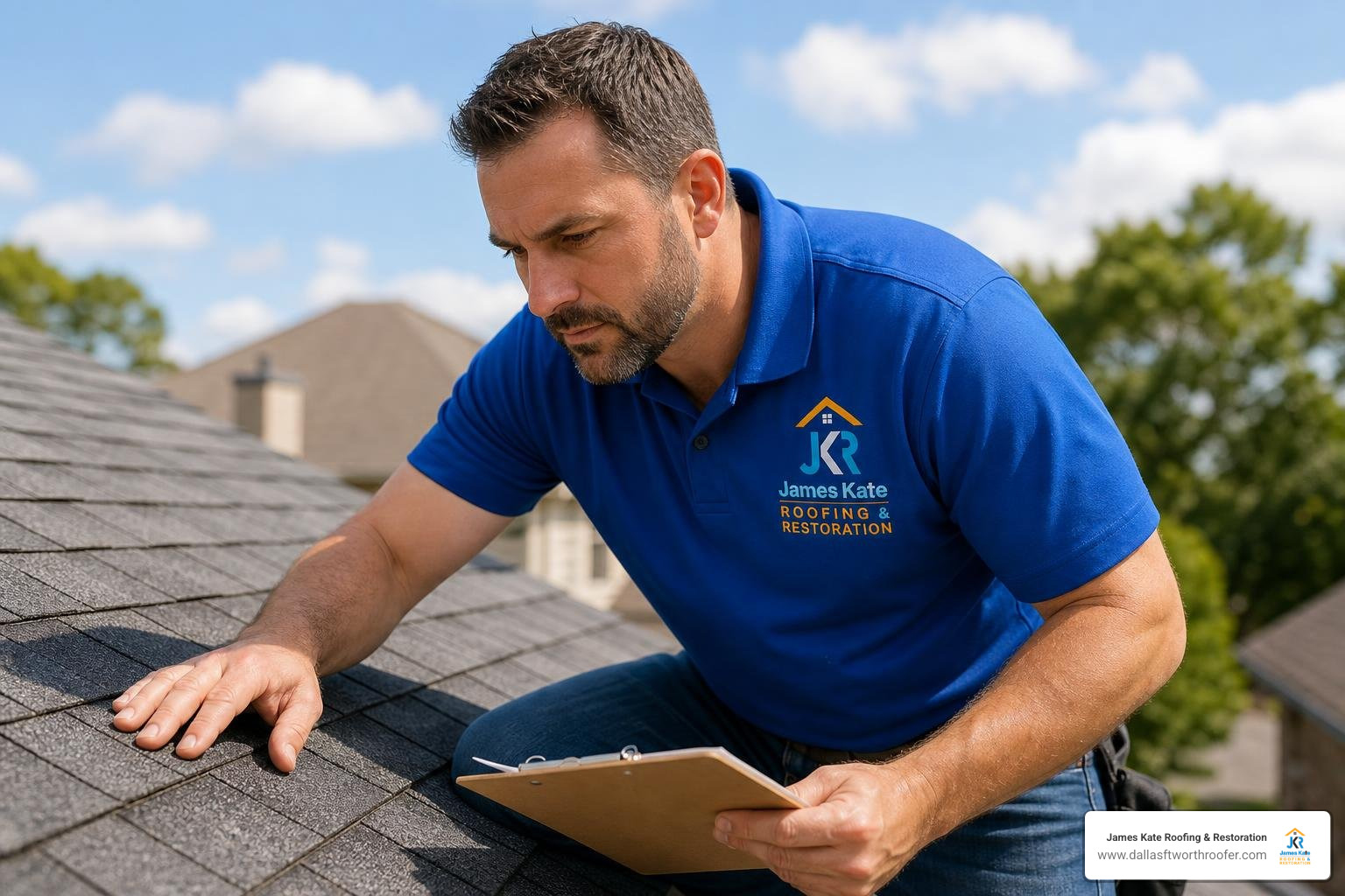 James Kate Roofing expert wearing a royal blue shirt inspecting architectural shingles James Kate Roofing expert wearing a royal blue shirt inspecting architectural shingles