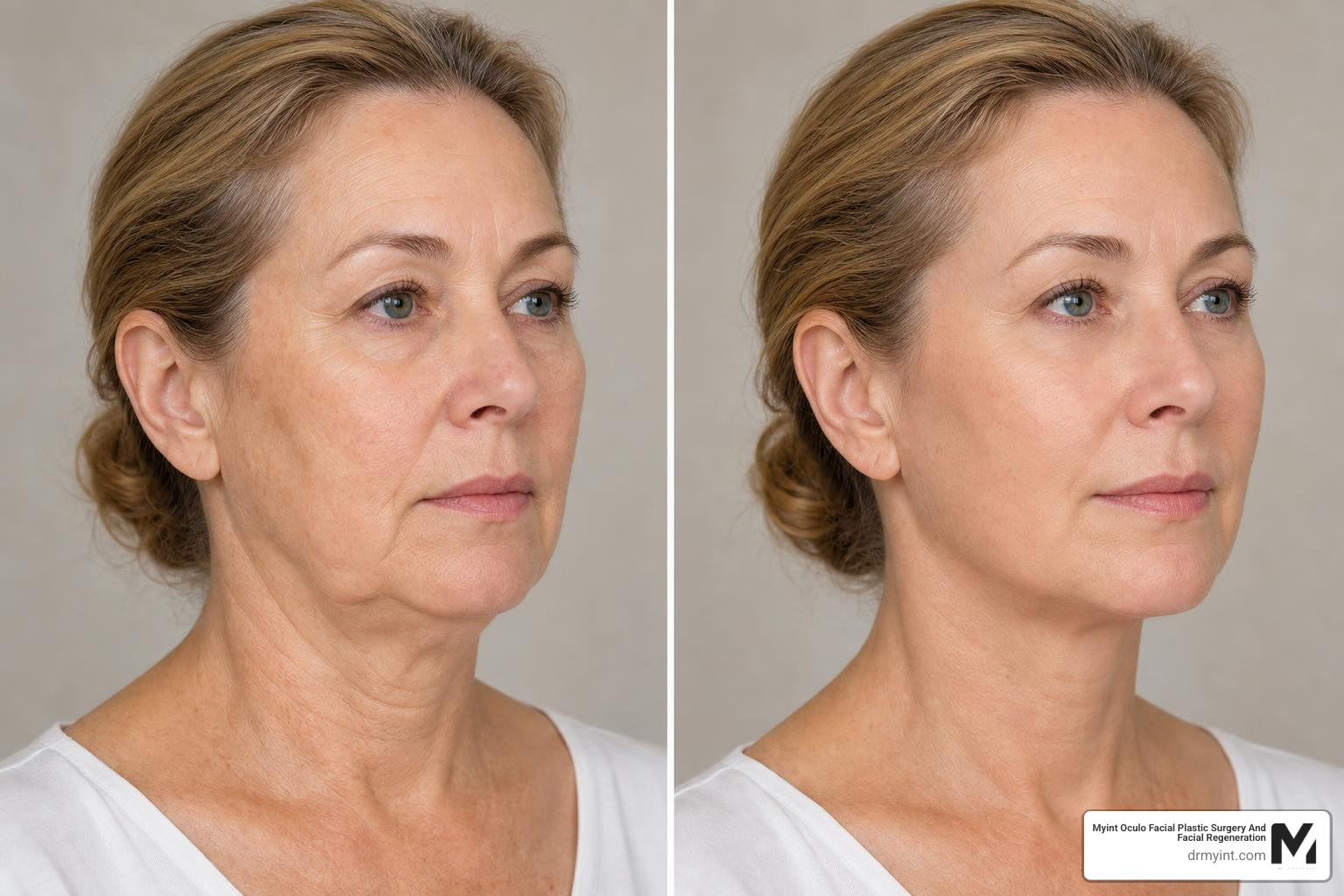 Deep plane facelift results showing natural lifting of cheeks and jawline Deep plane facelift results showing natural lifting of cheeks and jawline