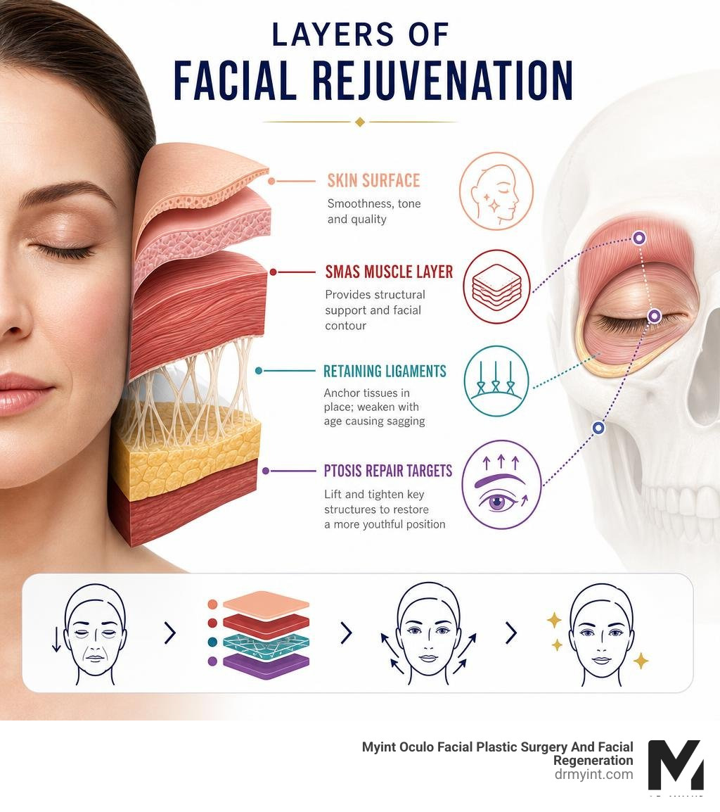 Infographic: layers of facial rejuvenation: skin surface, SMAS muscle layer, retaining ligaments, and ptosis repair targets Infographic: layers of facial rejuvenation: skin surface, SMAS muscle layer, retaining ligaments, and ptosis repair targets