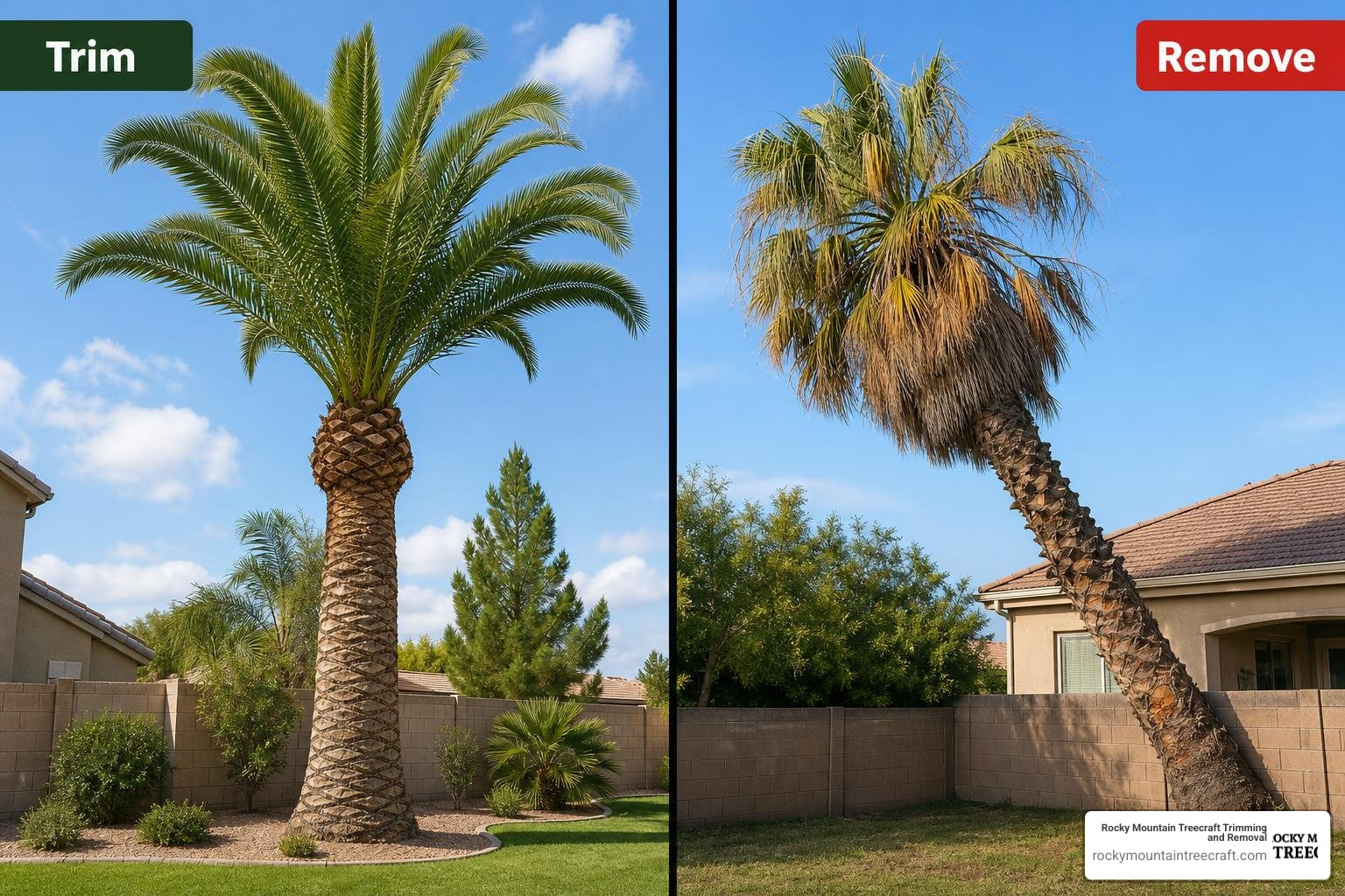 Comparison guide: Visual indicators of when to trim a palm tree versus when to completely remove it