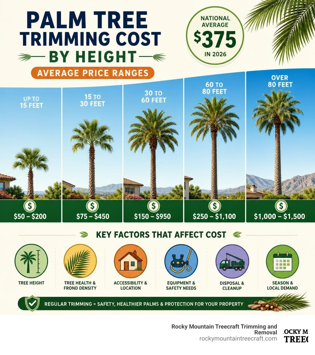 Palm tree trimming cost by height, including average price ranges and key cost factors infographic