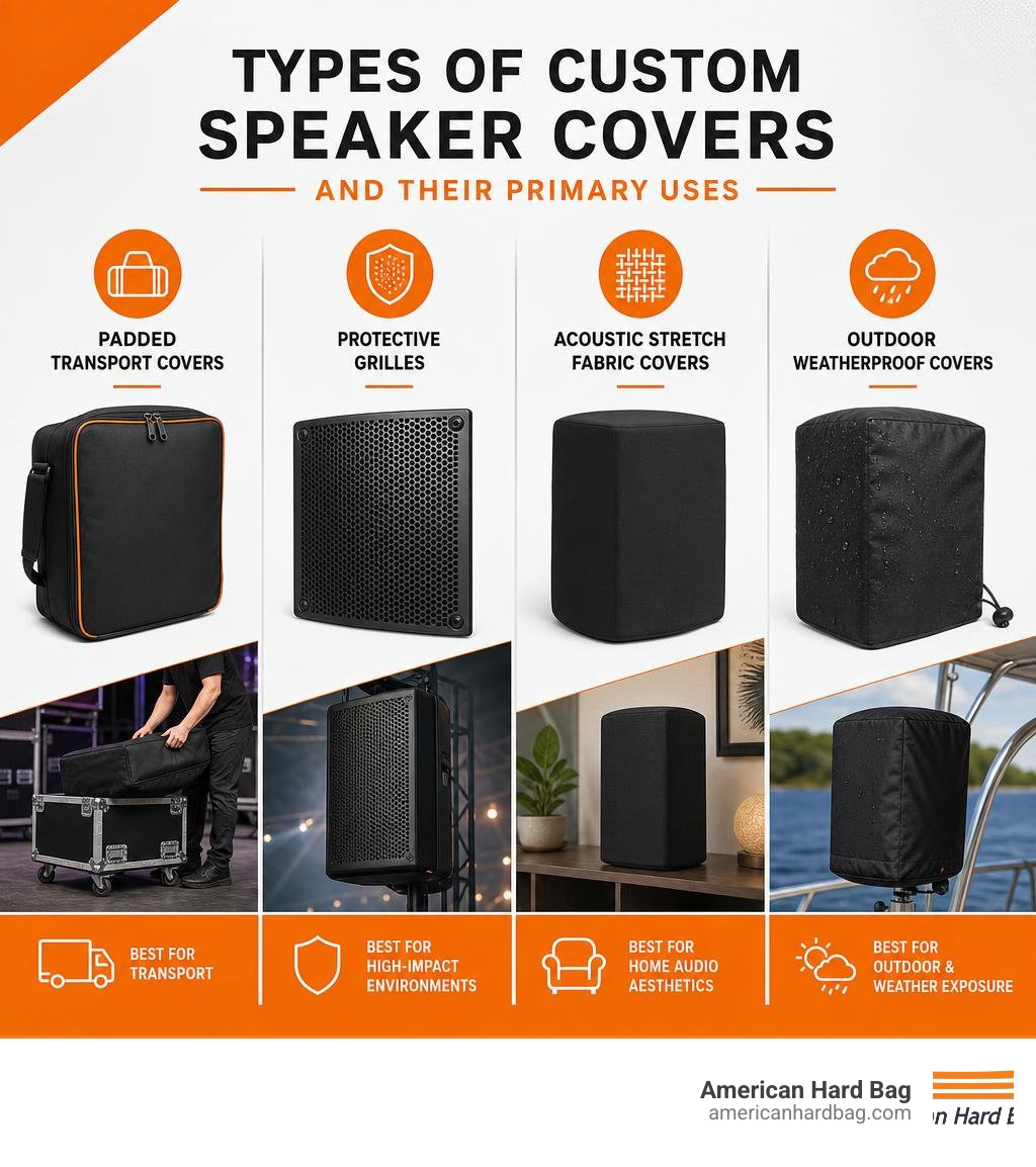 Types of custom speaker covers and their primary uses — transport, grille, fabric, outdoor infographic