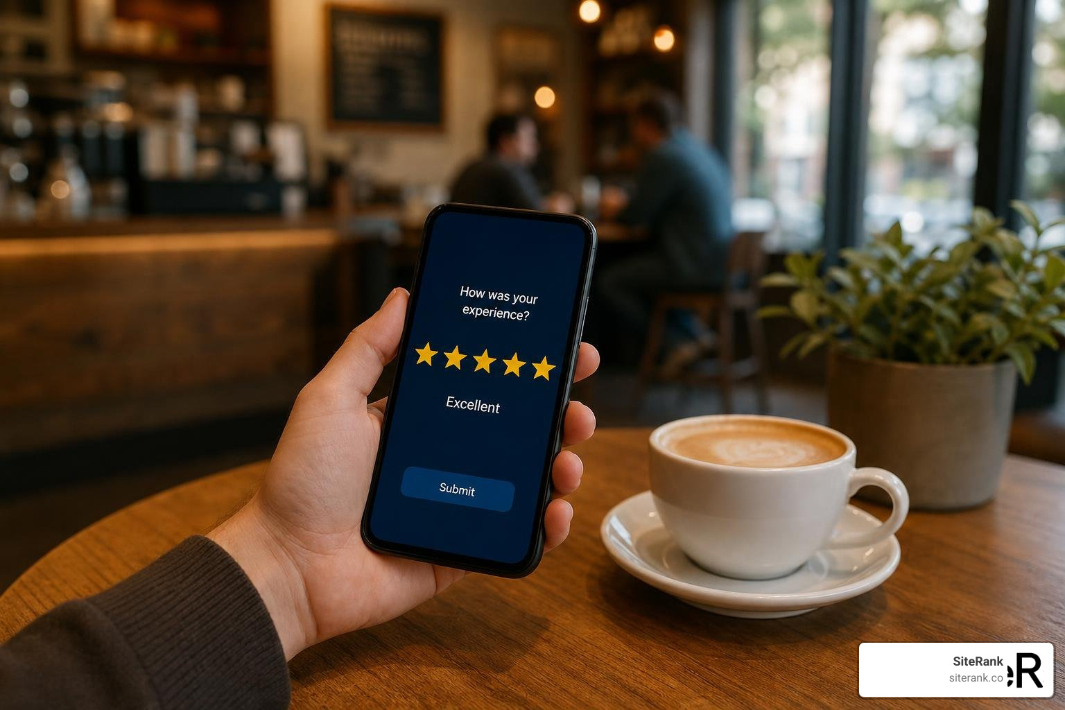 Customer leaving a 5-star review on a mobile phone Customer leaving a 5-star review on a mobile phone