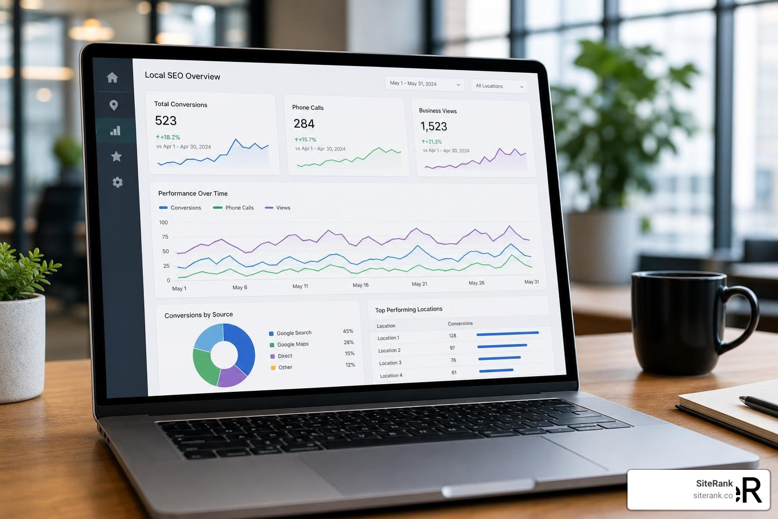 Local SEO performance dashboard tracking conversions, calls, and views Local SEO performance dashboard tracking conversions, calls, and views
