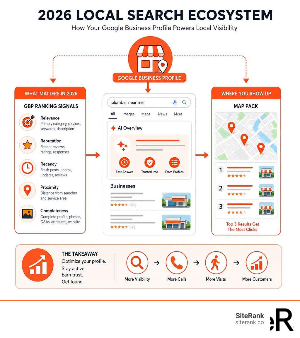 2026 local search ecosystem infographic showing GBP ranking signals, AI Overviews, and Map Pack infographic 2026 local search ecosystem infographic showing GBP ranking signals, AI Overviews, and Map Pack infographic