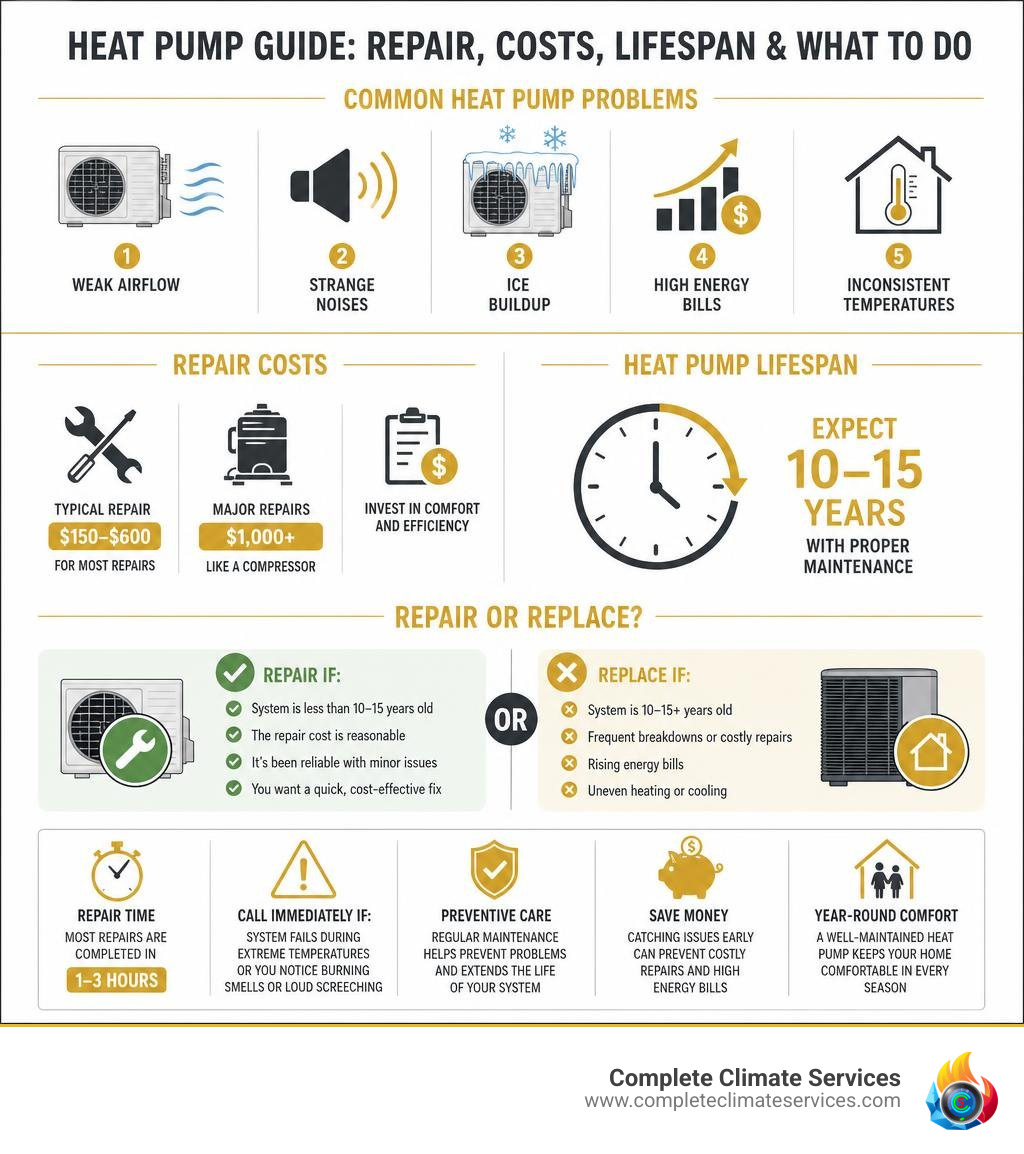 infographic showing common heat pump problems, repair costs, lifespan, and when to repair vs replace infographic infographic showing common heat pump problems, repair costs, lifespan, and when to repair vs replace infographic