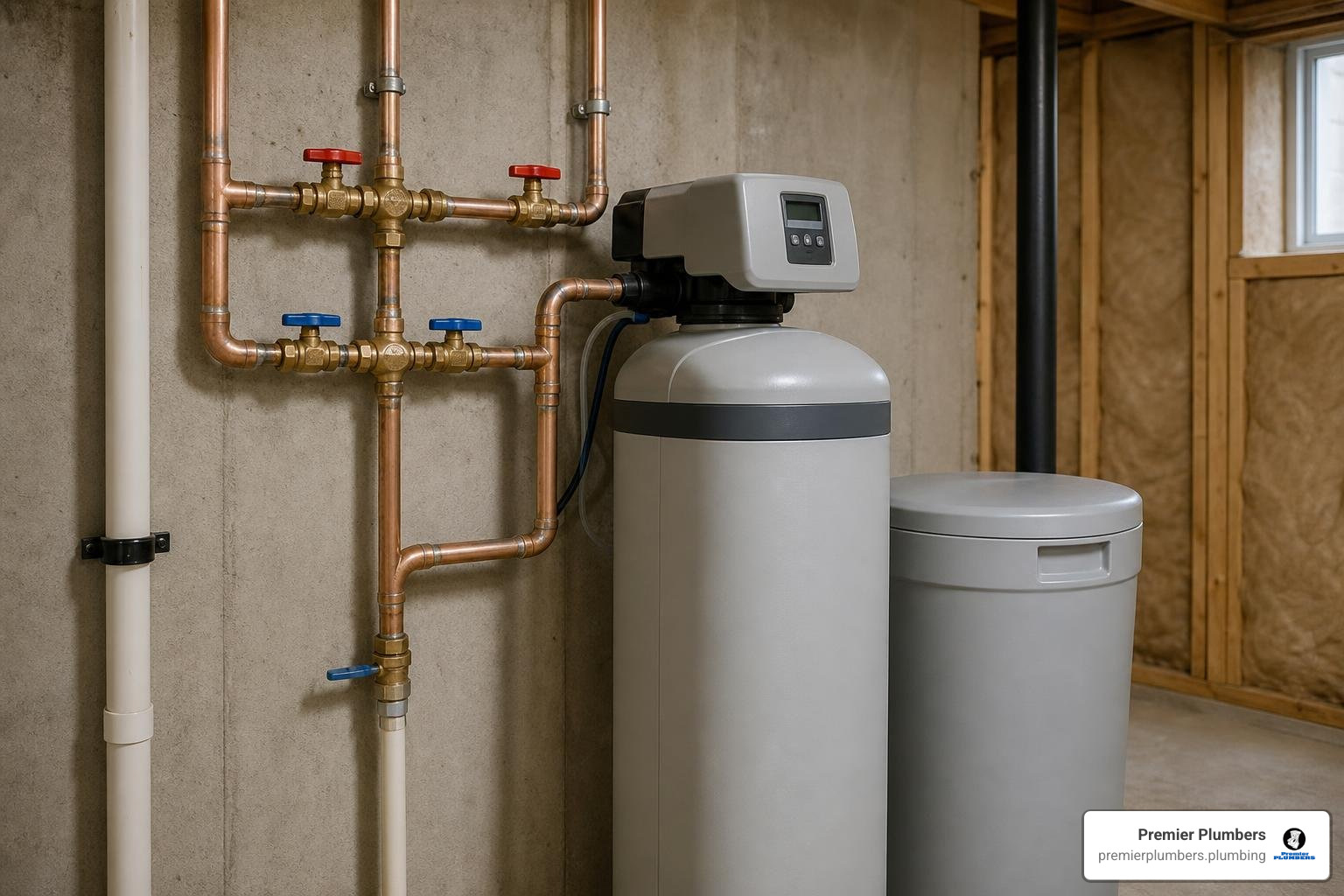 professional water softener installation with bypass valves and copper pipe connections